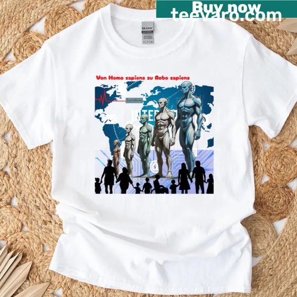 Graphic T-shirt with the evolution theme from Homo Sapiens to Robo Sapiens