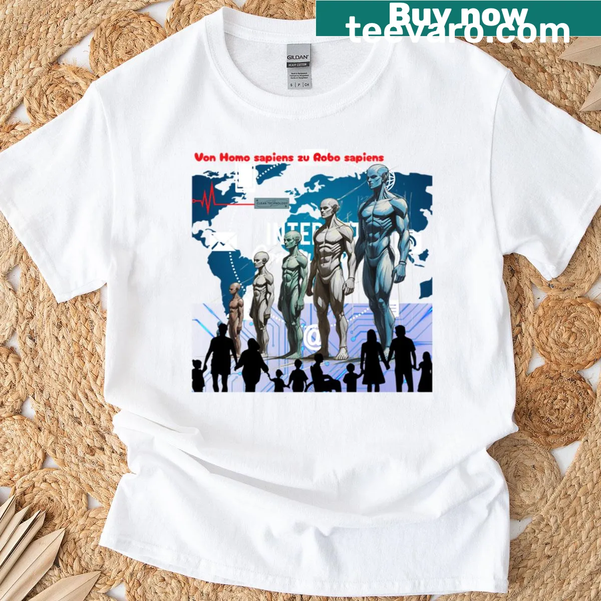Graphic T-shirt with the evolution theme from Homo Sapiens to Robo Sapiens — on a men's t-shirt