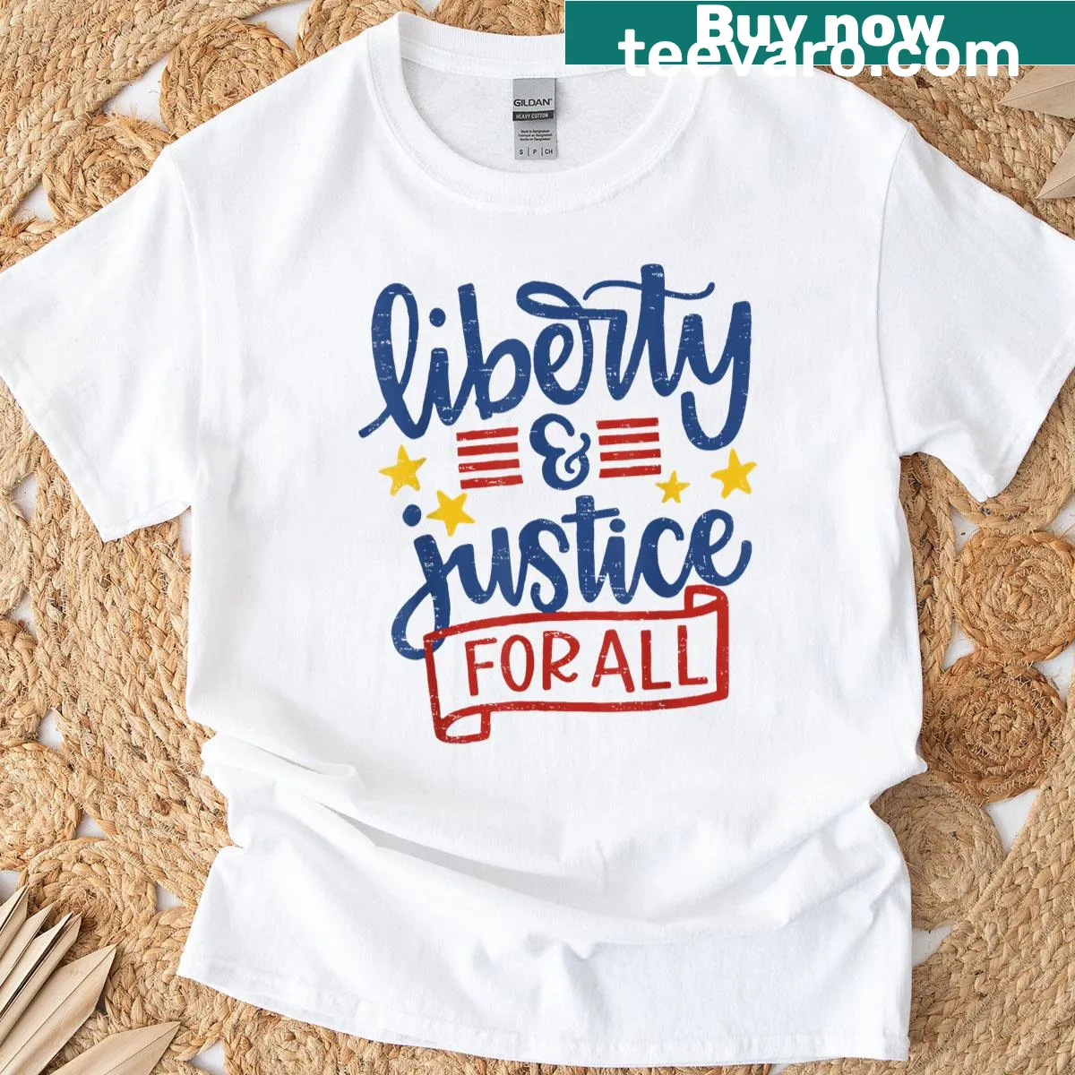 Retro T-shirt featuring 'Liberty And Justice For All' — on a men's t-shirt