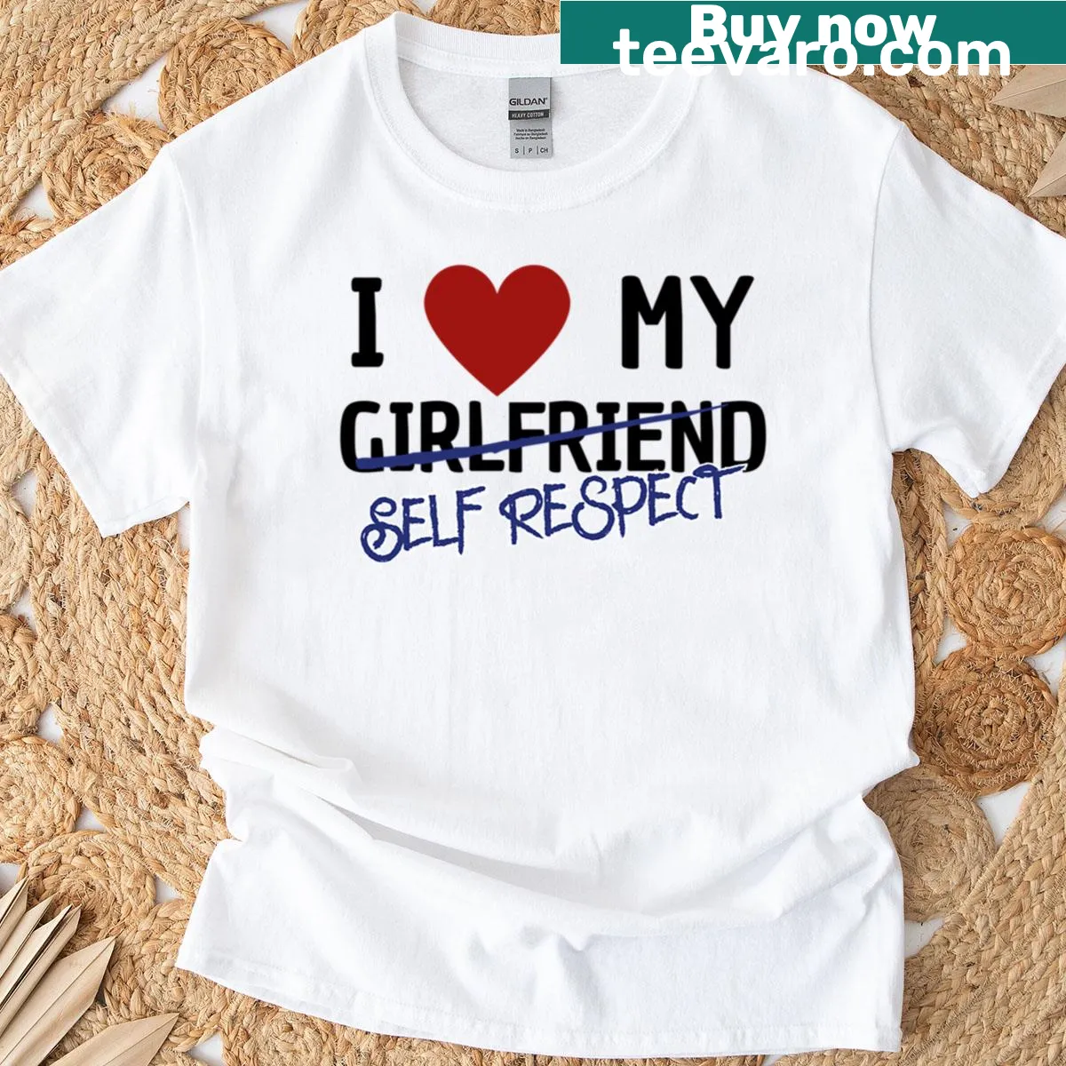 Funny breakup I heart my girlfriend t-shirt with humorous text — on a men's t-shirt