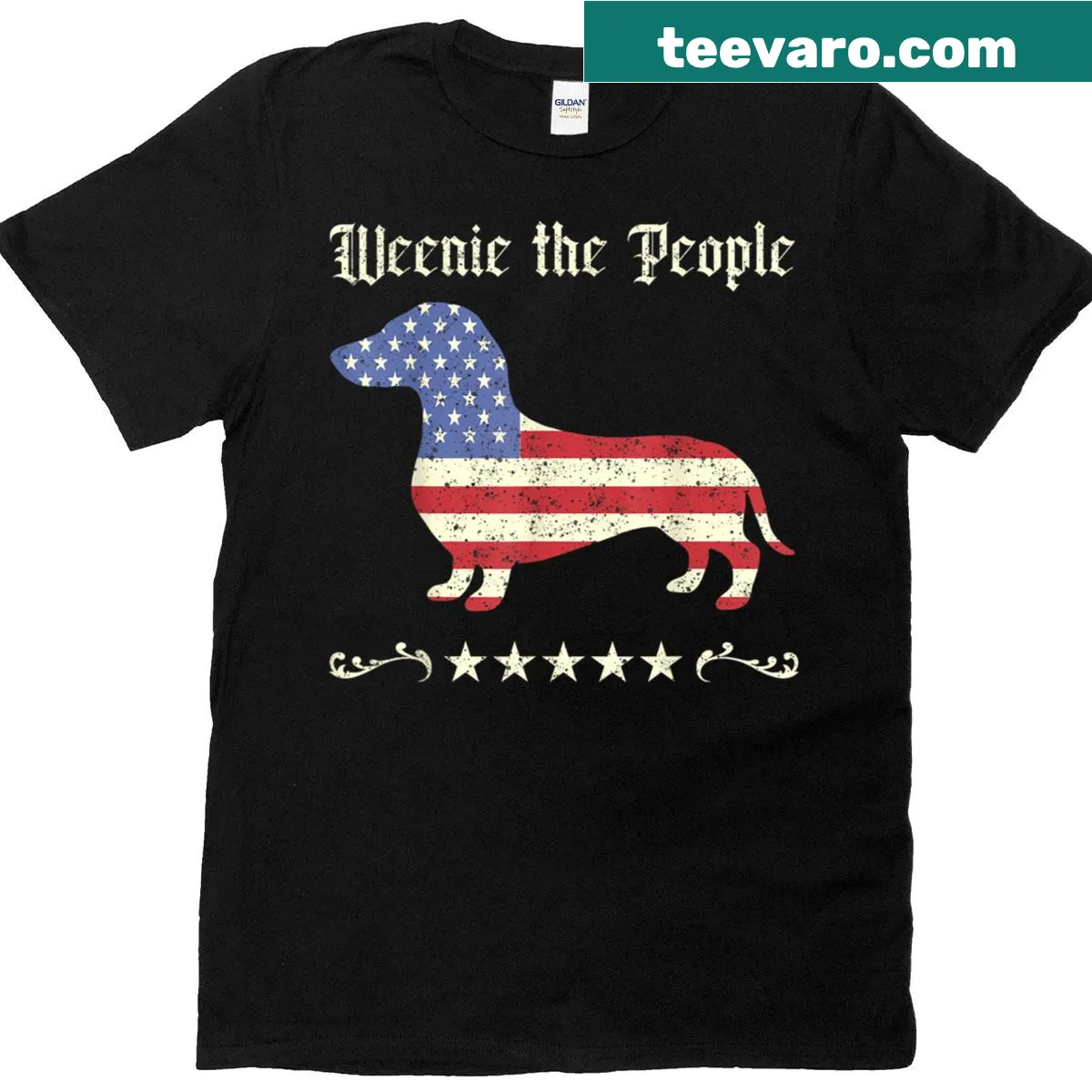 Dachshund design with American flag on a funny 4th of July t-shirt — on a men's t-shirt