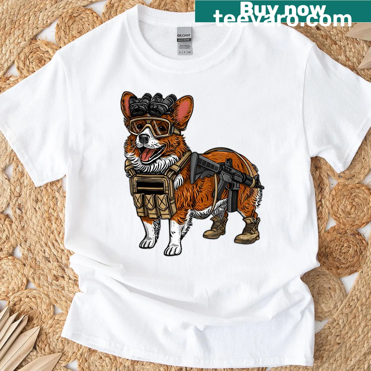 Cartoon tactical corgi graphic on a funny dog T-shirt — on a men's t-shirt