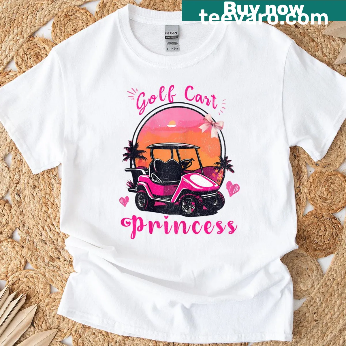 Golf Cart Princess graphic with sunset theme on a women's T-shirt — on a men's t-shirt