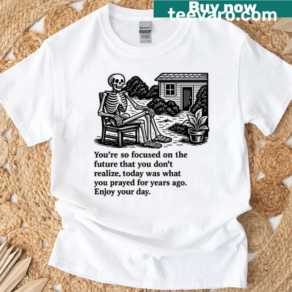 Cheerful skeleton illustration with the phrase 'Enjoy Your Day' on a T-shirt