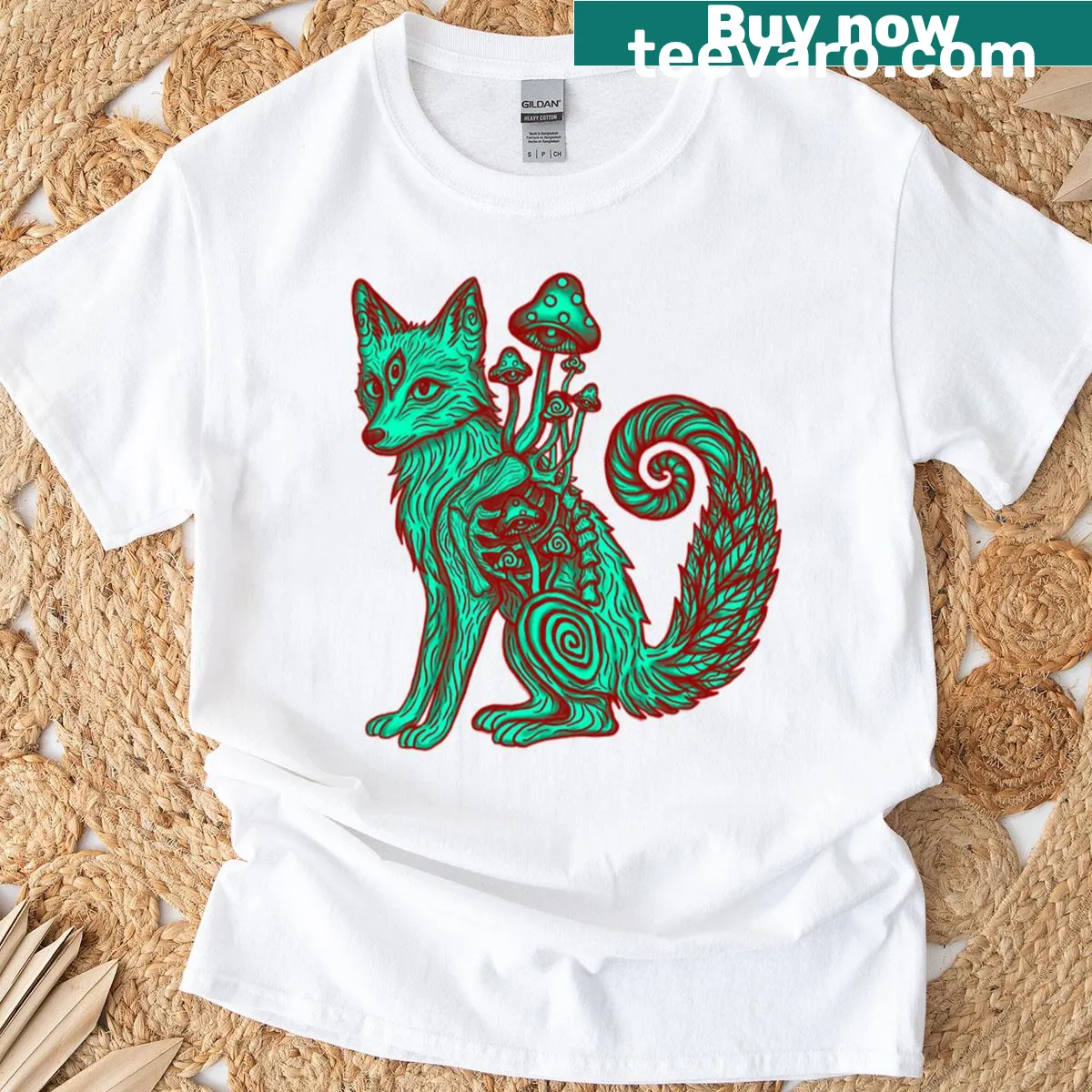 Vibrant illustration of mushrooms, ferns, and a fox on a T-shirt — on a men's t-shirt