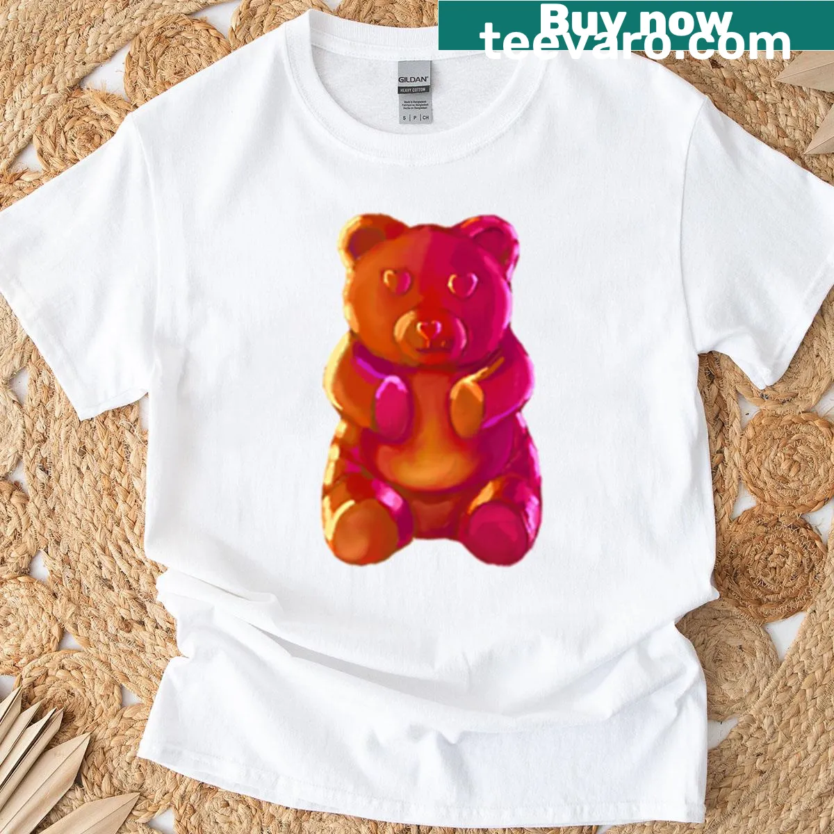 Humorous T-shirt featuring gummy bears and spicy sauce — on a men's t-shirt