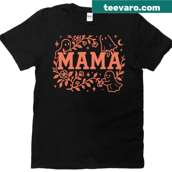 Ghost-themed shirt for moms with whimsical 'Mama' text.