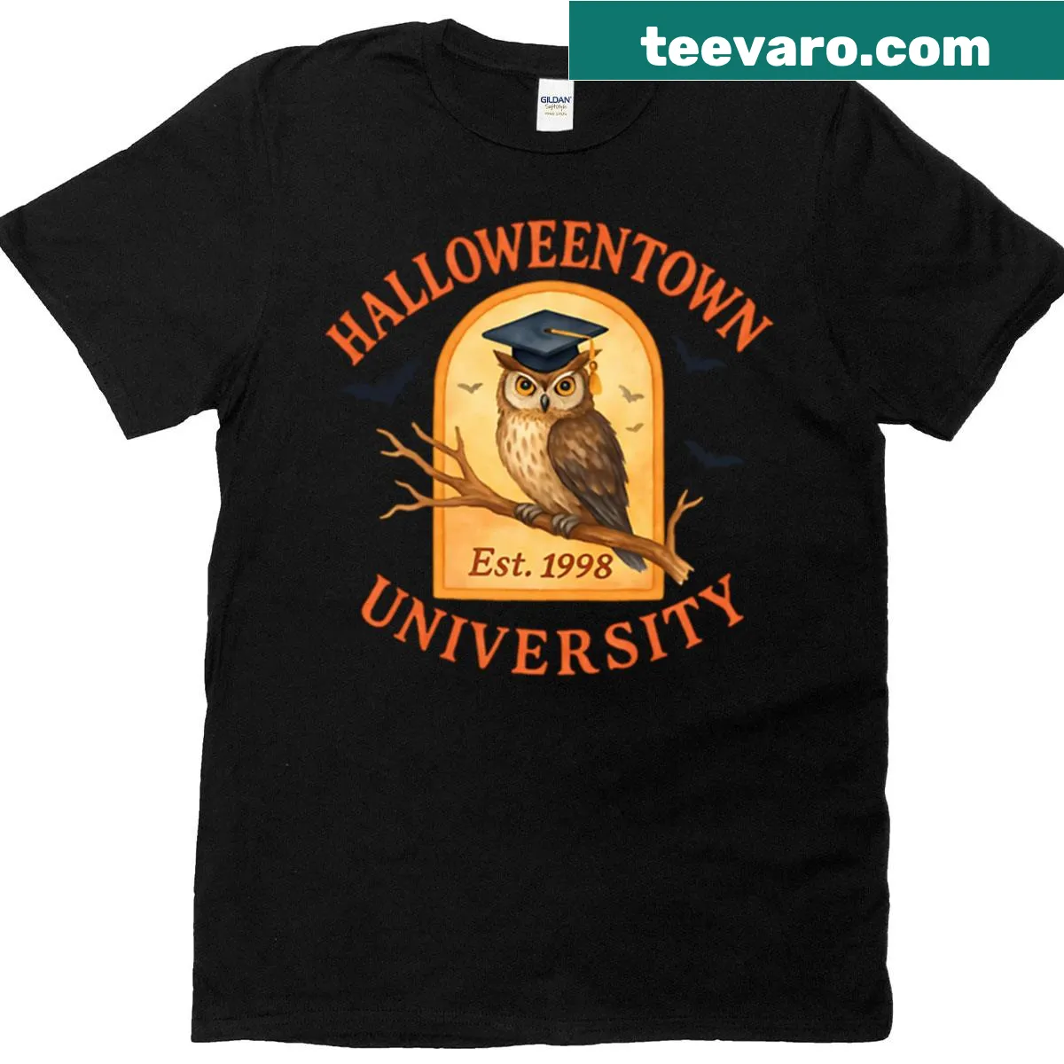 Vintage-style college tee inspired by Halloweentown. — on a men's t-shirt