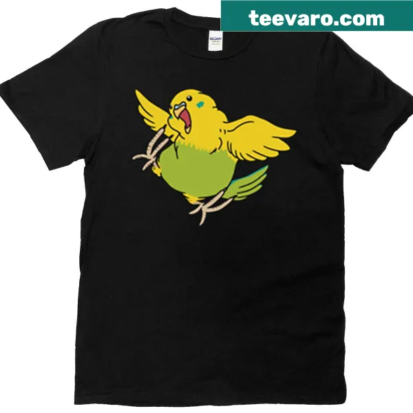 Dancing yellow budgie illustration on an oversized T-shirt