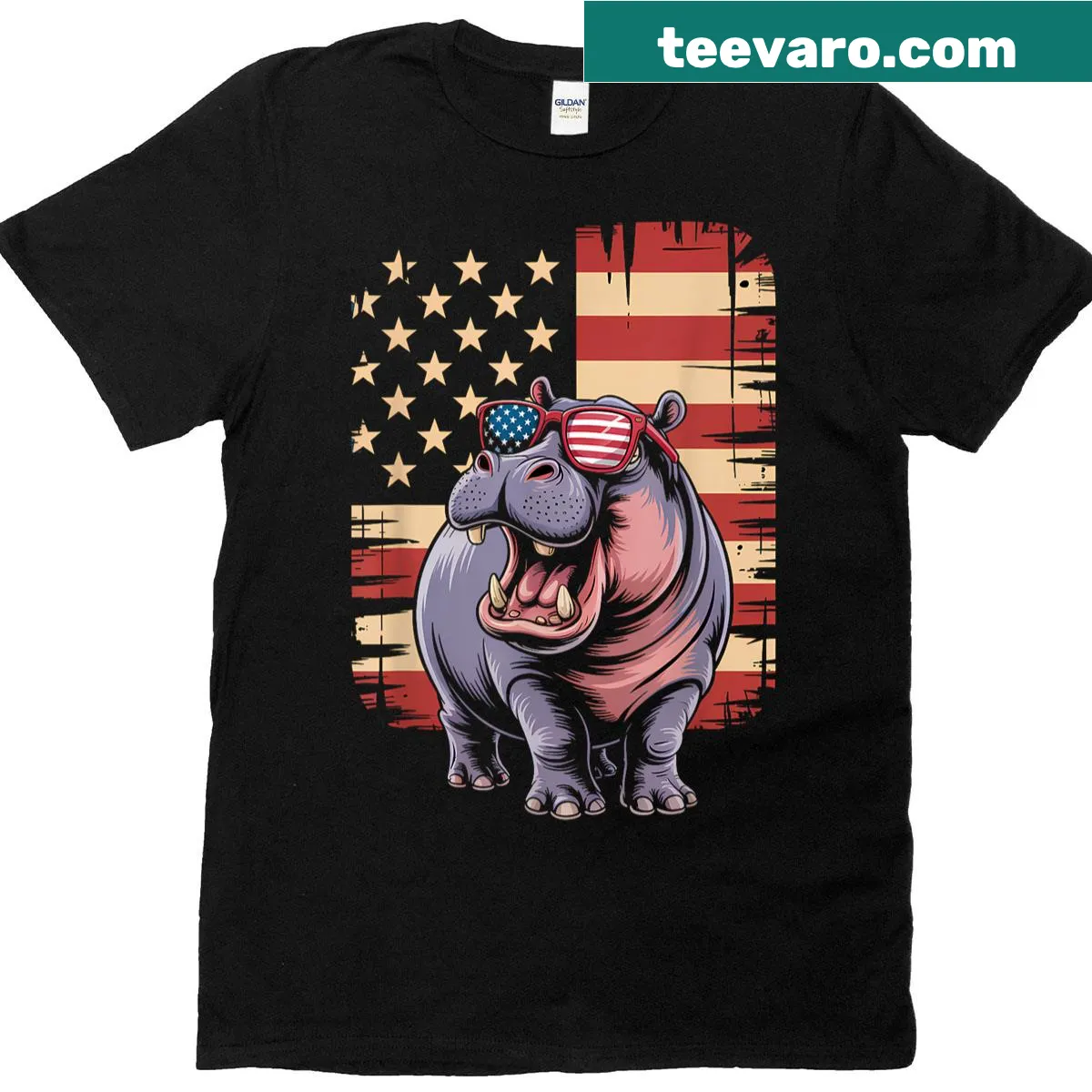 T-shirt featuring a hippo graphic with American flag design — on a men's t-shirt