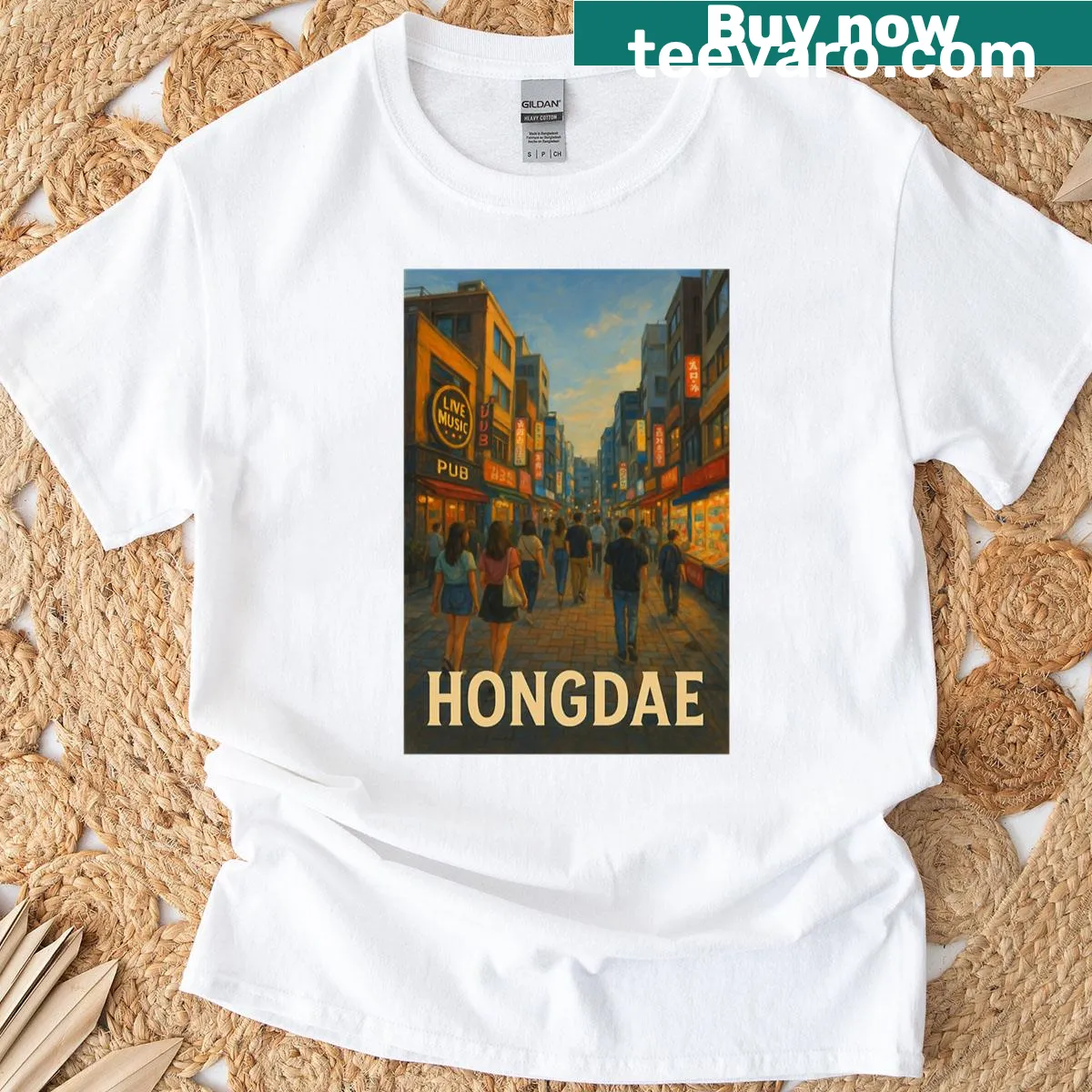 Illustration of Hongdae area in Seoul on an oversized T-shirt — on a men's t-shirt