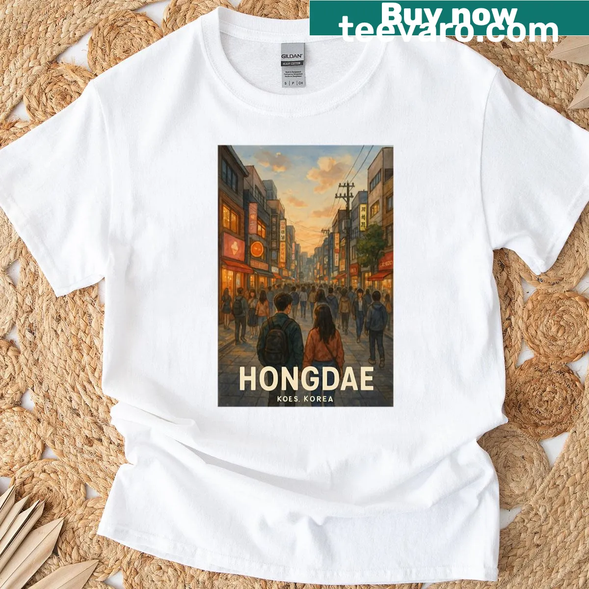 Graphic design celebrating Hongdae youth culture and nightlife — on a men's t-shirt
