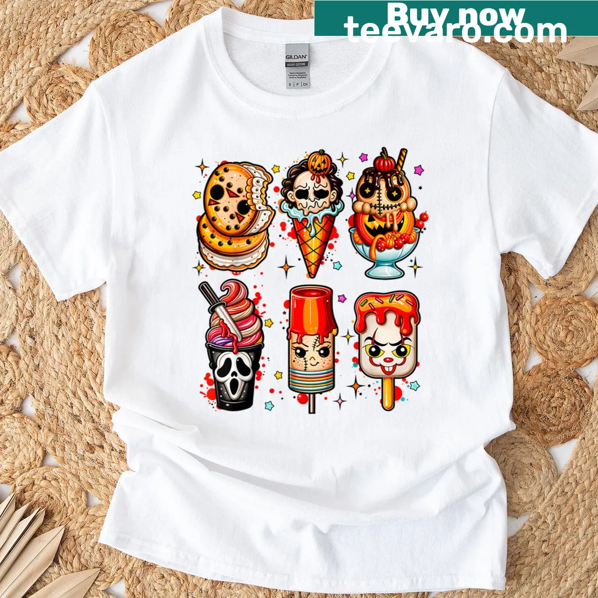 Illustrated T-shirt featuring a horror-themed popsicle for Halloween — on a men's t-shirt