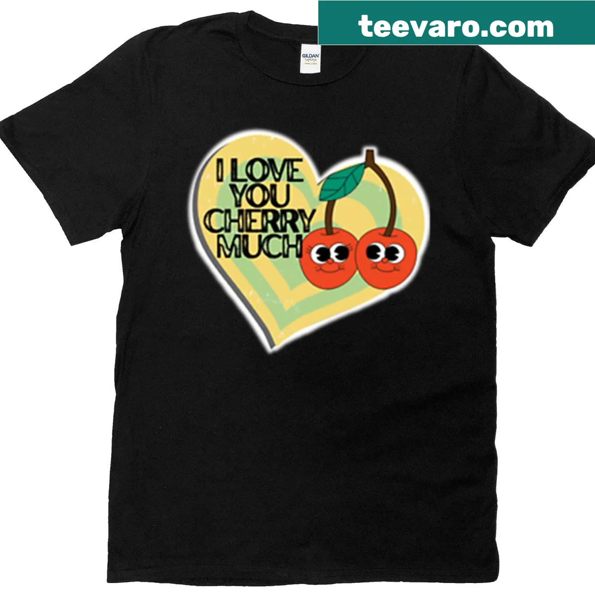 Oversized t-shirt with heart background and cherry design for couples — on a men's t-shirt