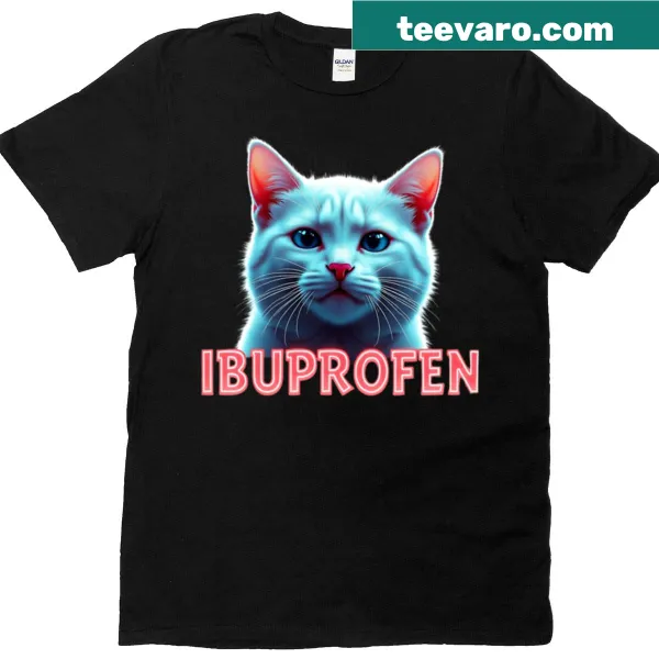 Comic style t-shirt featuring a cat and the word Ibuprofen