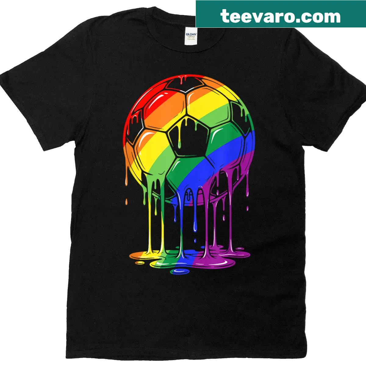 Rainbow design combining ice cream drips and soccer elements — on a men's t-shirt