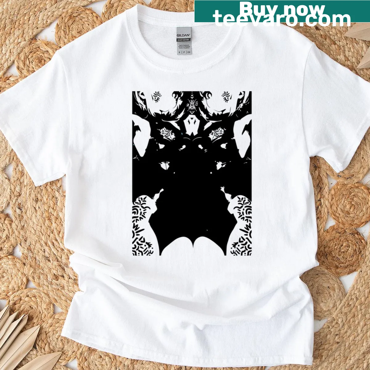 Illustration of identical twins with the word 'Marked' on a black oversized t-shirt — on a men's t-shirt