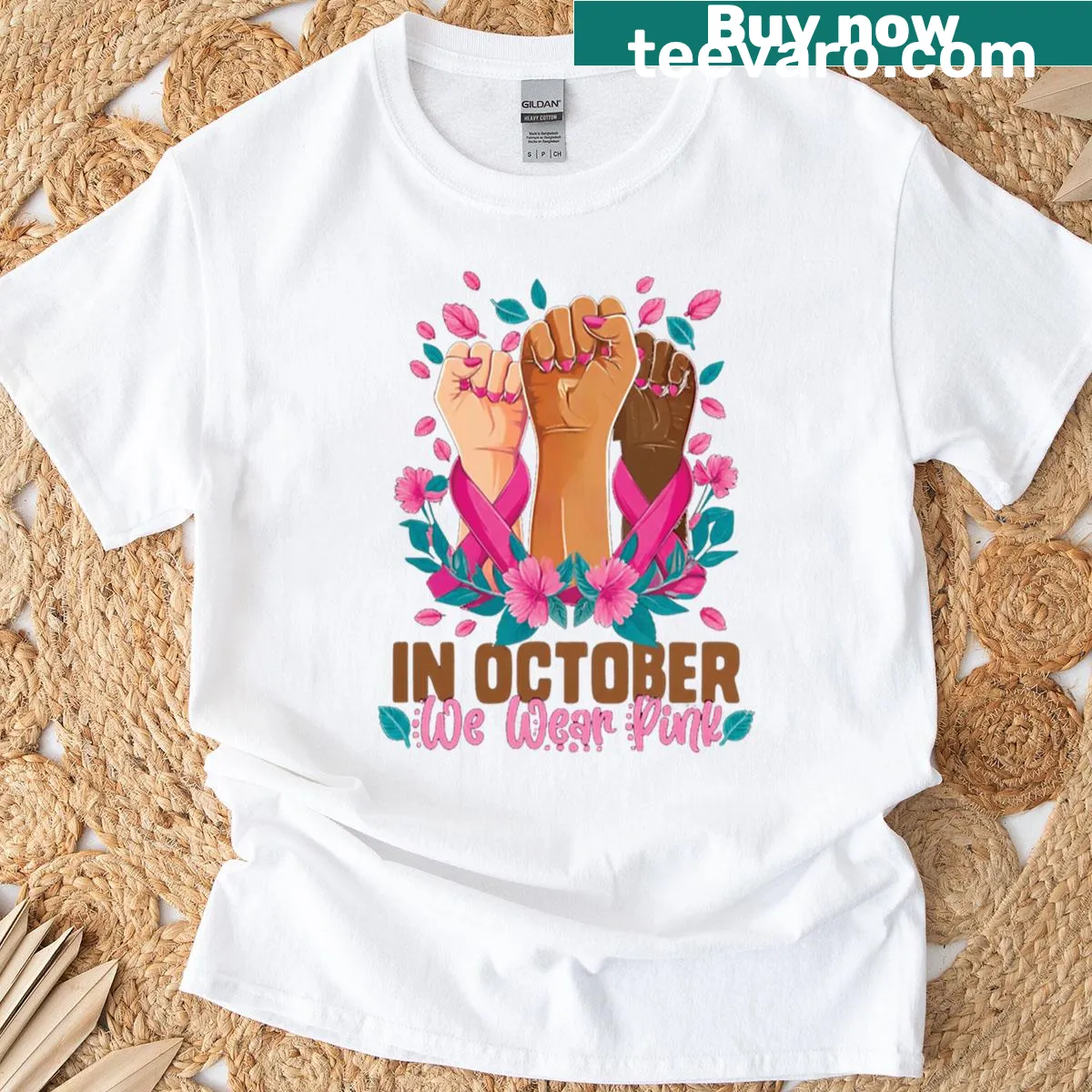 Pink typography promoting breast cancer awareness on an oversized t-shirt — on a men's t-shirt