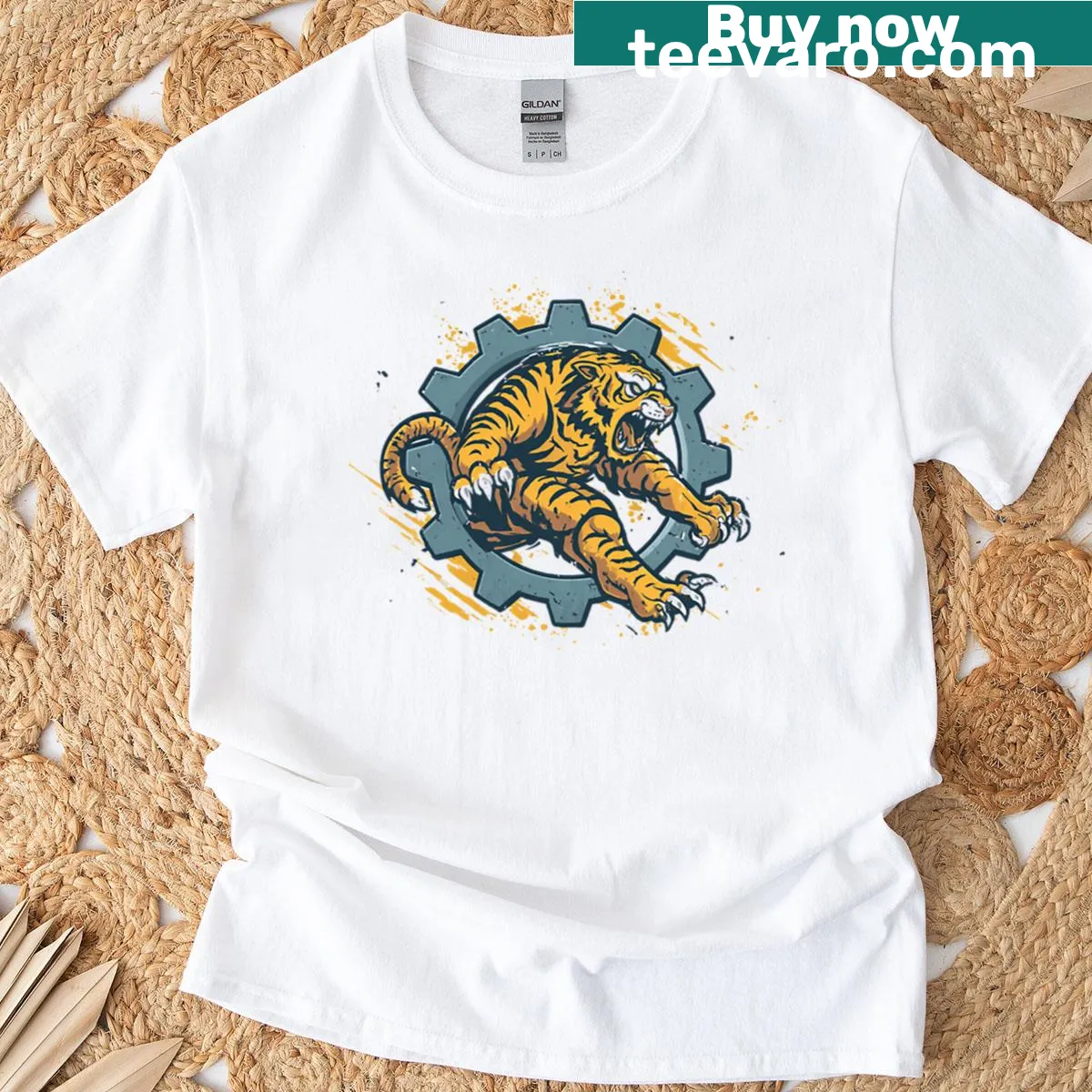 Emblem design featuring a fierce tiger breaking through gears on a T-shirt — on a men's t-shirt