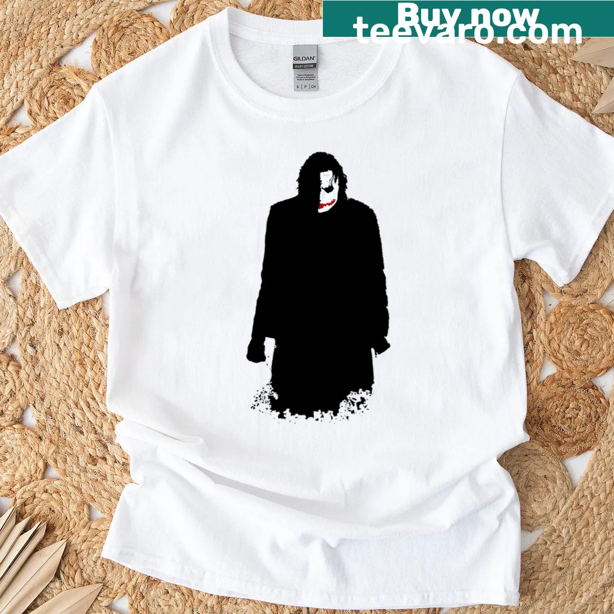 Minimalist t-shirt featuring a silhouette of the Joker character — on a men's t-shirt