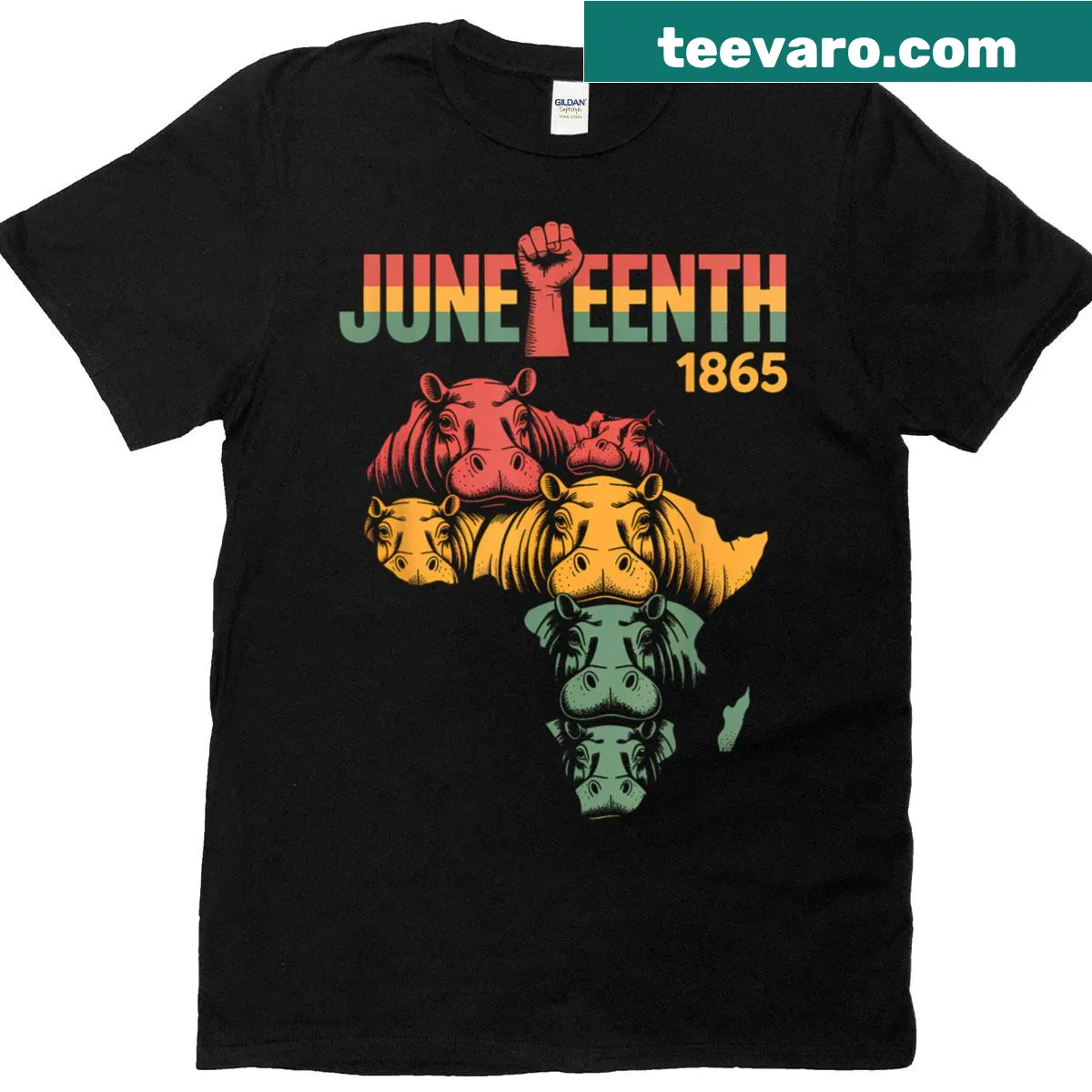 T-shirt with playful hippo design celebrating Juneteenth — on a men's t-shirt