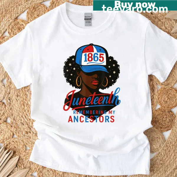 T-shirt for women featuring a red, white, and blue design remembering ancestors