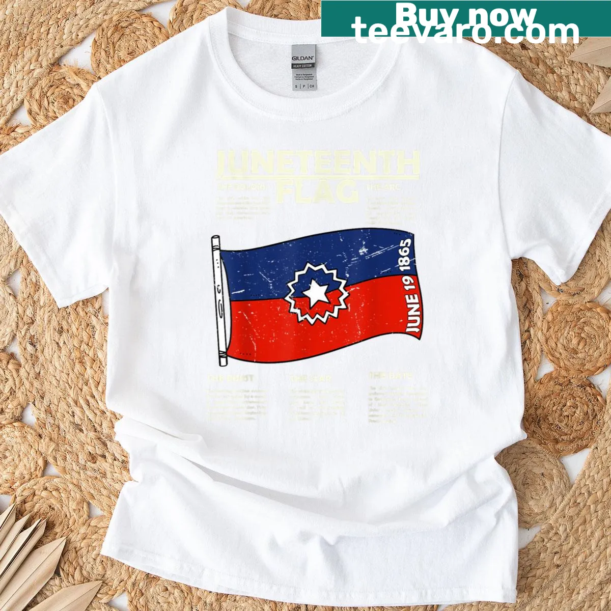 Juneteenth t-shirt with a symbolic flag breakdown graphic — on a men's t-shirt