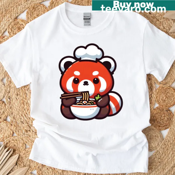 Adorable cartoon red panda eating ramen on a playful T-shirt