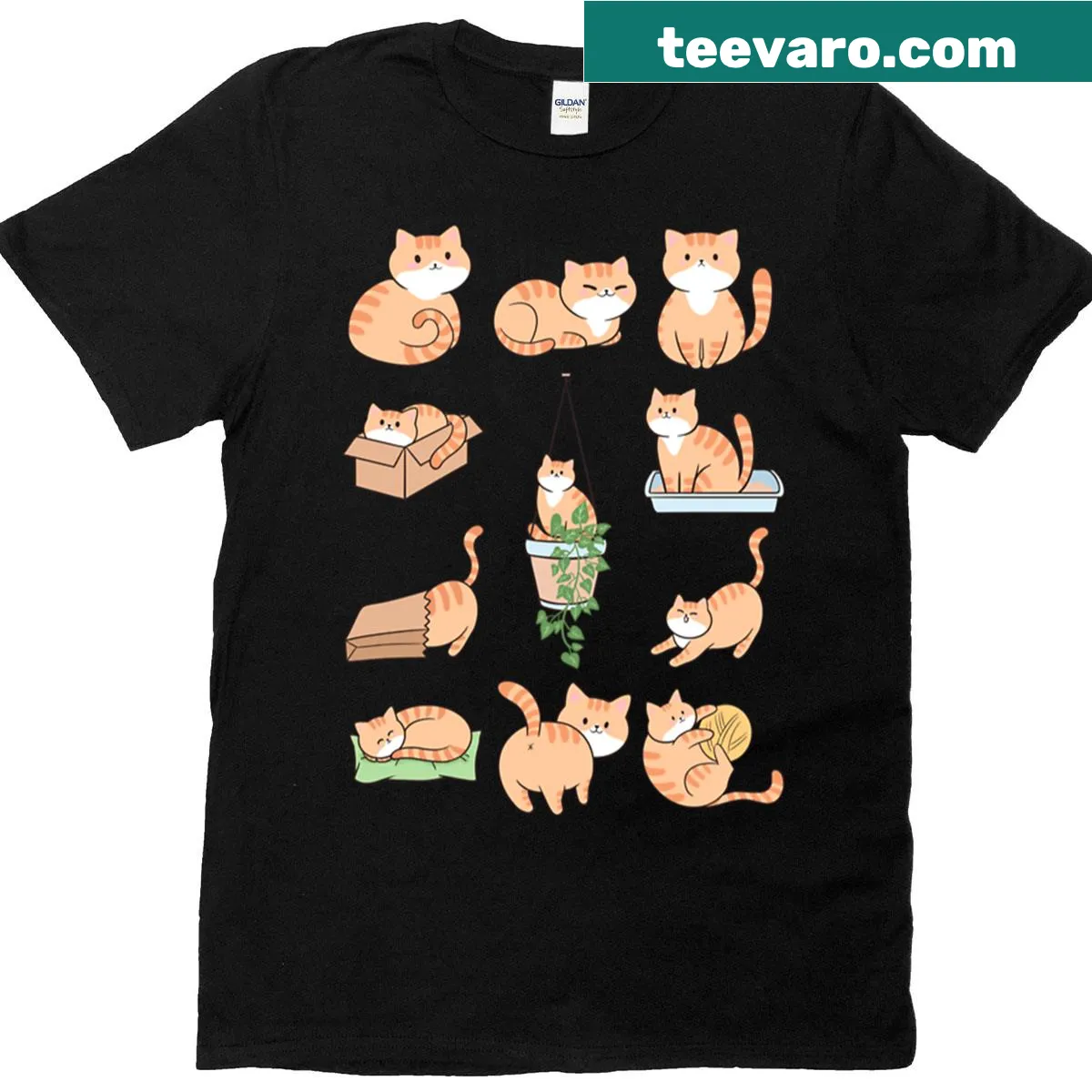 Cute t-shirt featuring a kawaii tabby orange cat illustration — on a men's t-shirt