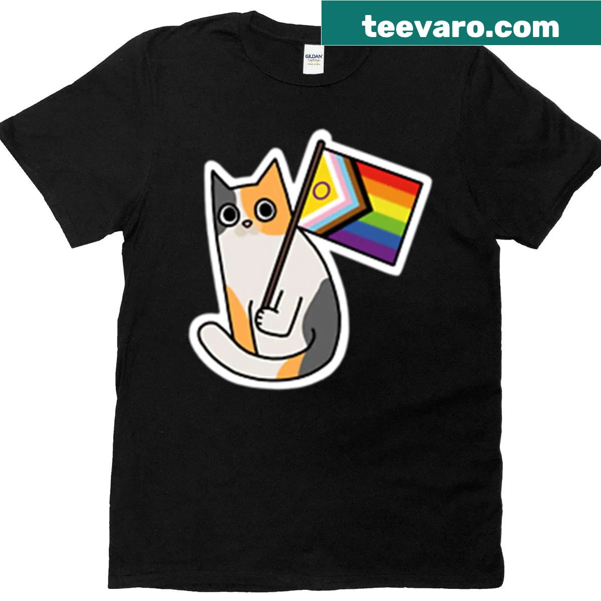 Calico cat with pride flag on an oversized T-shirt — on a men's t-shirt