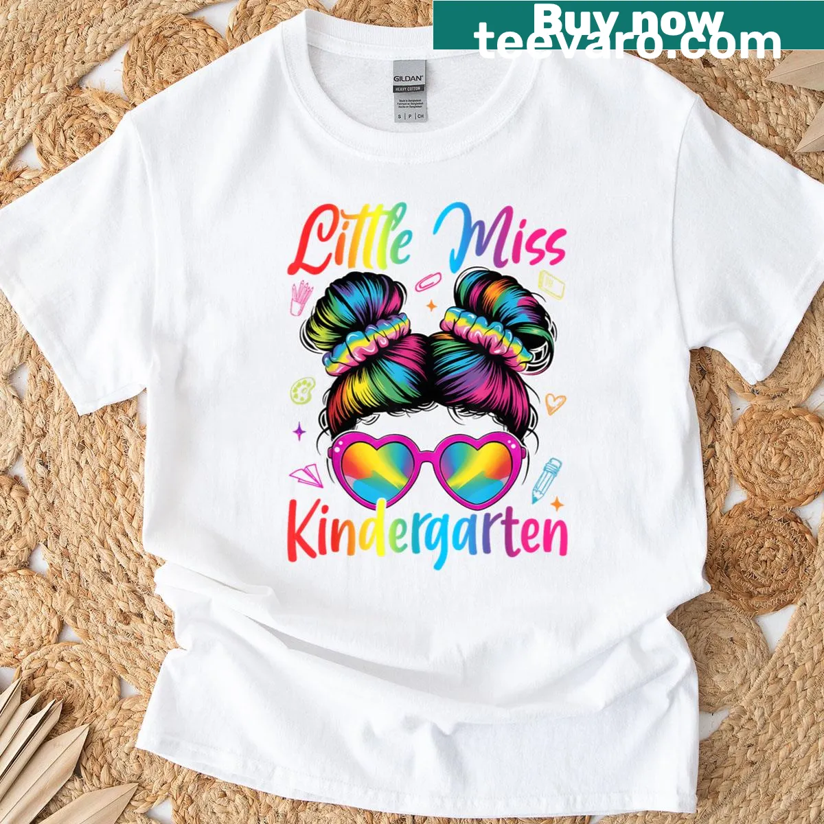 Cute back-to-school T-shirt featuring a girl with a messy bun — on a men's t-shirt