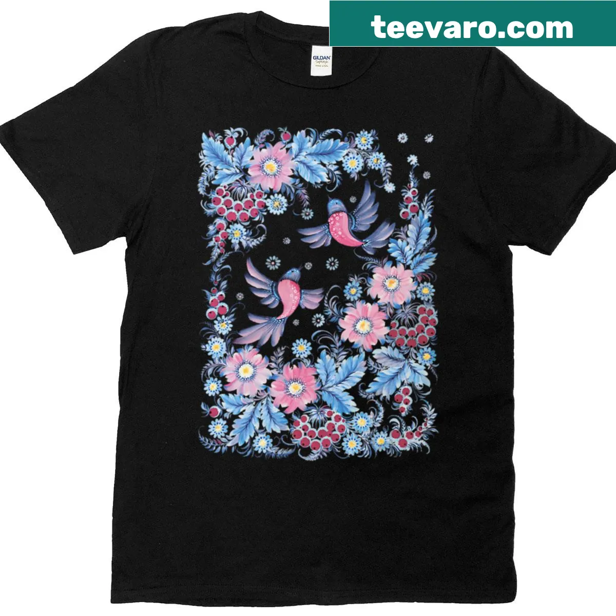 Floral garden T-shirt featuring lovebirds and Petrykivka art style — on a men's t-shirt