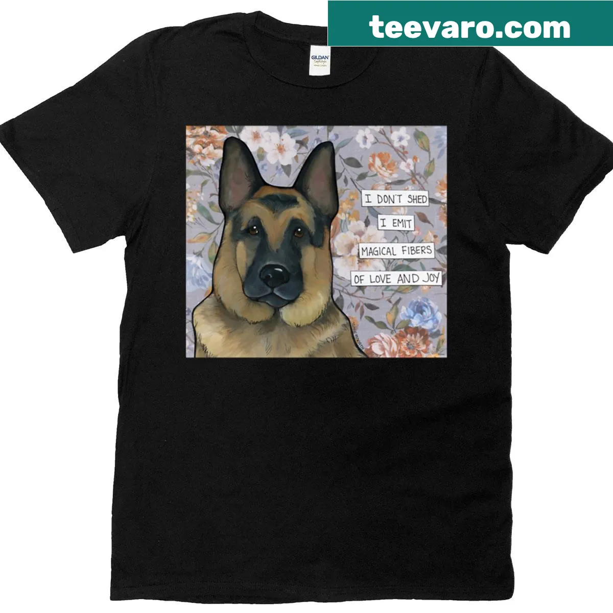 Illustrative T-shirt featuring a German Shepherd dog in hand-created art — on a men's t-shirt