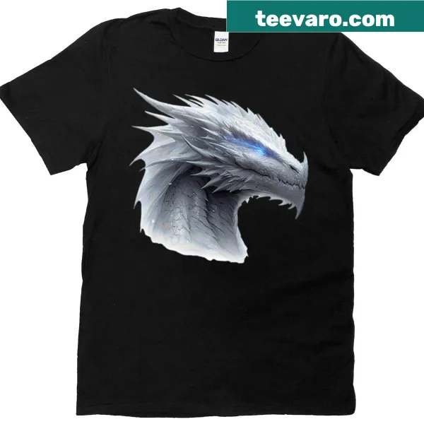 T-shirt featuring an illustration of a majestic ice dragon with glowing blue eyes