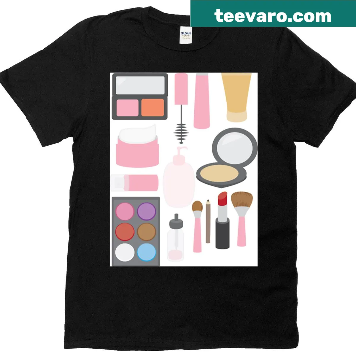 T-shirt featuring a playful design of a makeup set — on a men's t-shirt