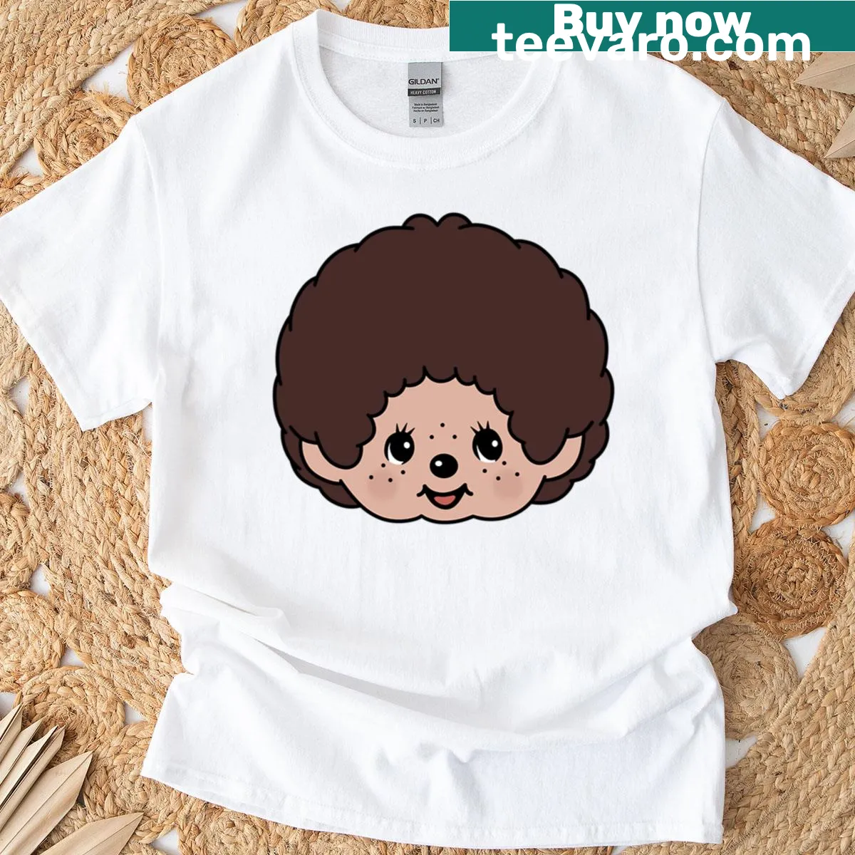 Nostalgic Monchhichi character graphic on a t-shirt. — on a men's t-shirt