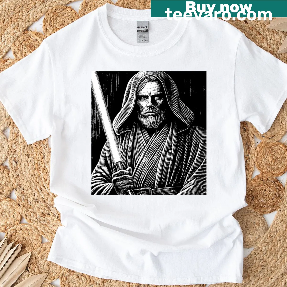 Monochrome silhouette of a Jedi with a glowing lightsaber on a t-shirt. — on a men's t-shirt