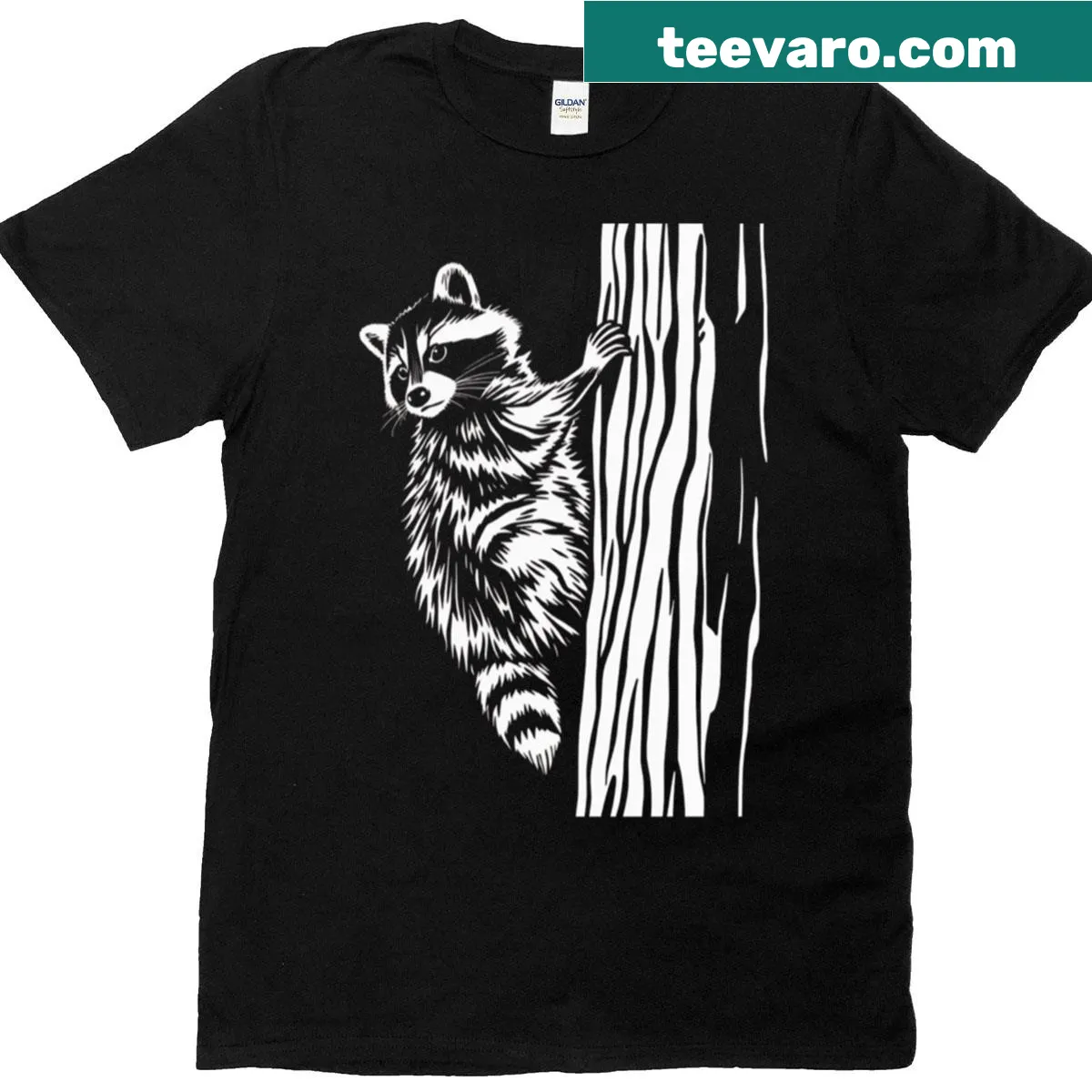 Monochrome T-shirt featuring a bold raccoon illustration in silhouette — on a men's t-shirt