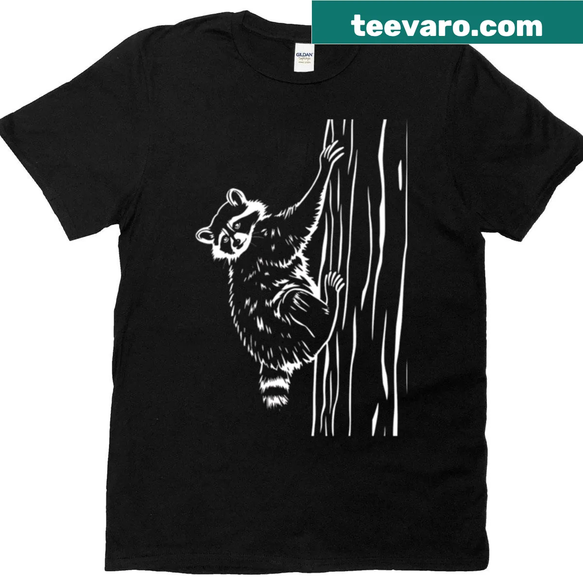 Monochrome T-shirt with raccoon climbing a tree illustration — on a men's t-shirt