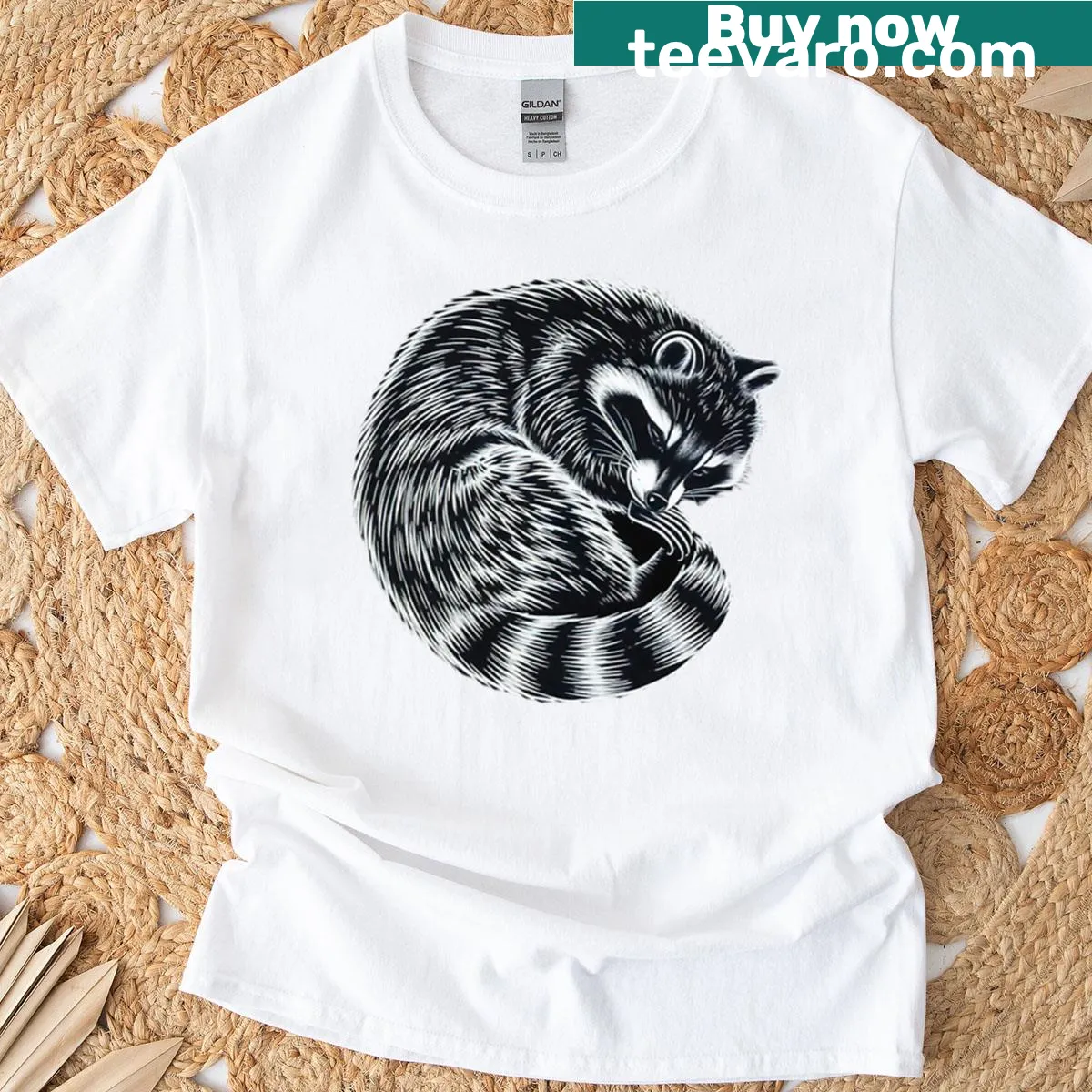 Monochrome raccoon illustration in a dreamscape on a tee — on a men's t-shirt