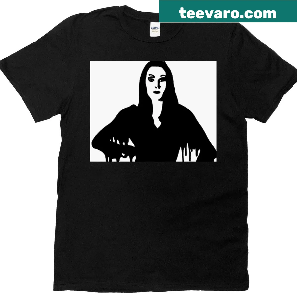 T-shirt featuring a graphic of Morticia — on a men's t-shirt