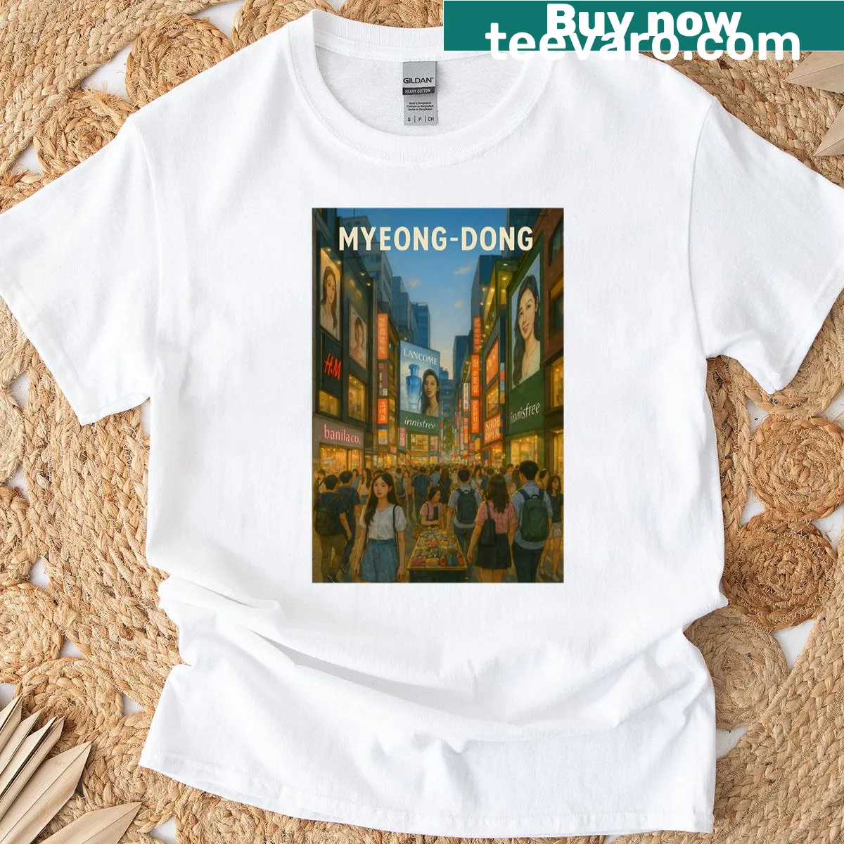 T-shirt featuring an illustrated view of Myeong-dong street at dusk — on a men's t-shirt