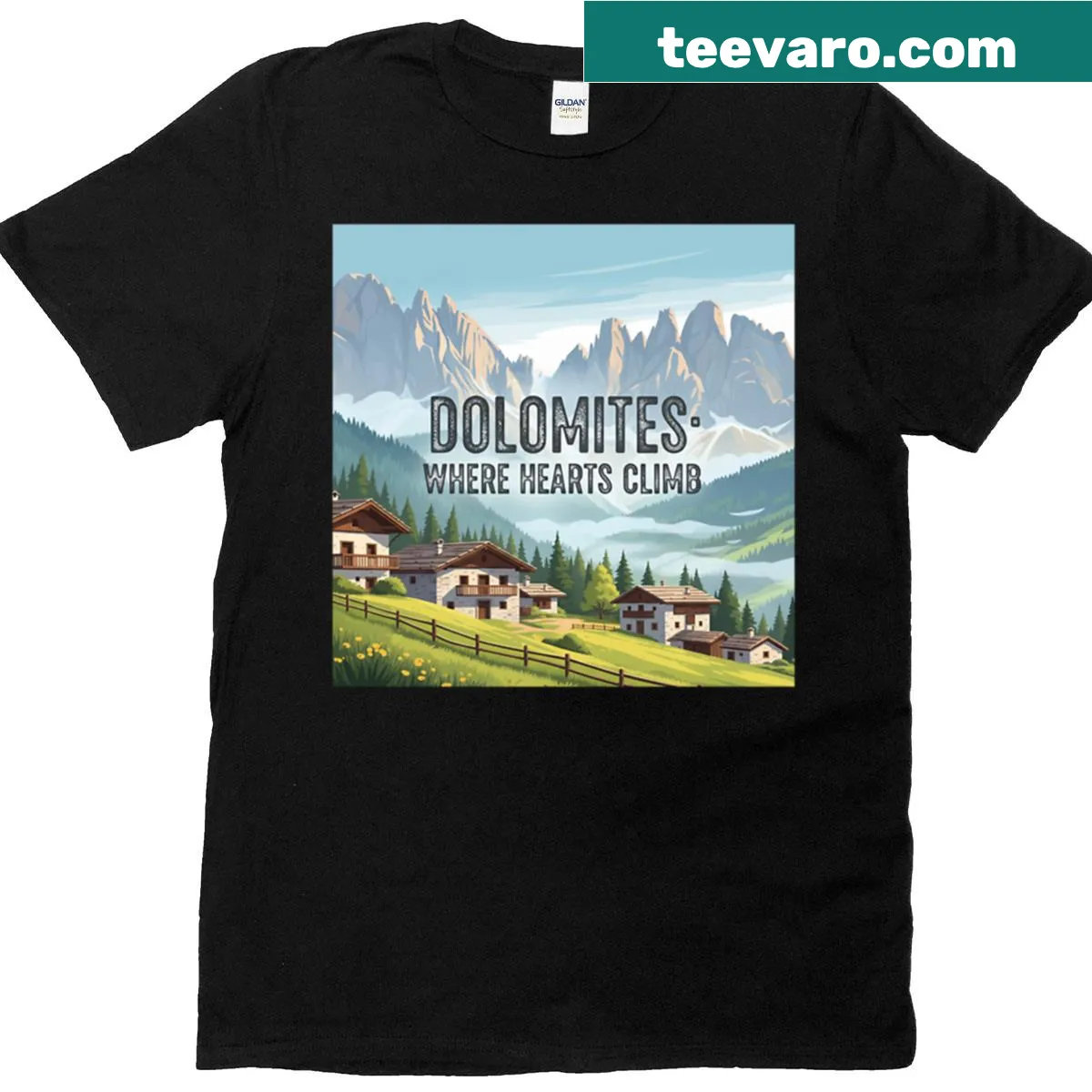 Illustrated t-shirt showcasing an Italian village in the Dolomites — on a men's t-shirt