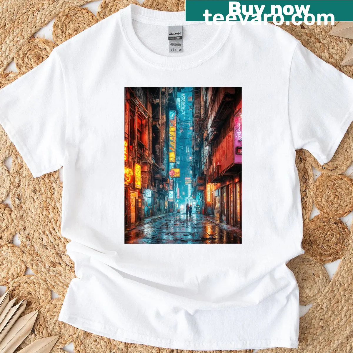 Abstract typography inspired by neon signs in an urban alley — on a men's t-shirt