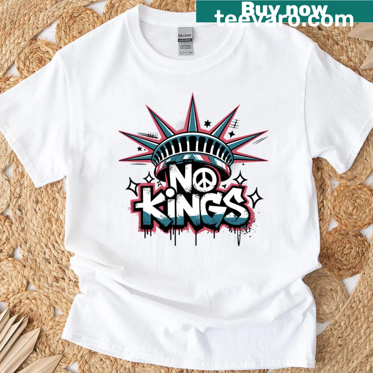 T-shirt featuring the Statue of Liberty and No Kings America text — on a men's t-shirt