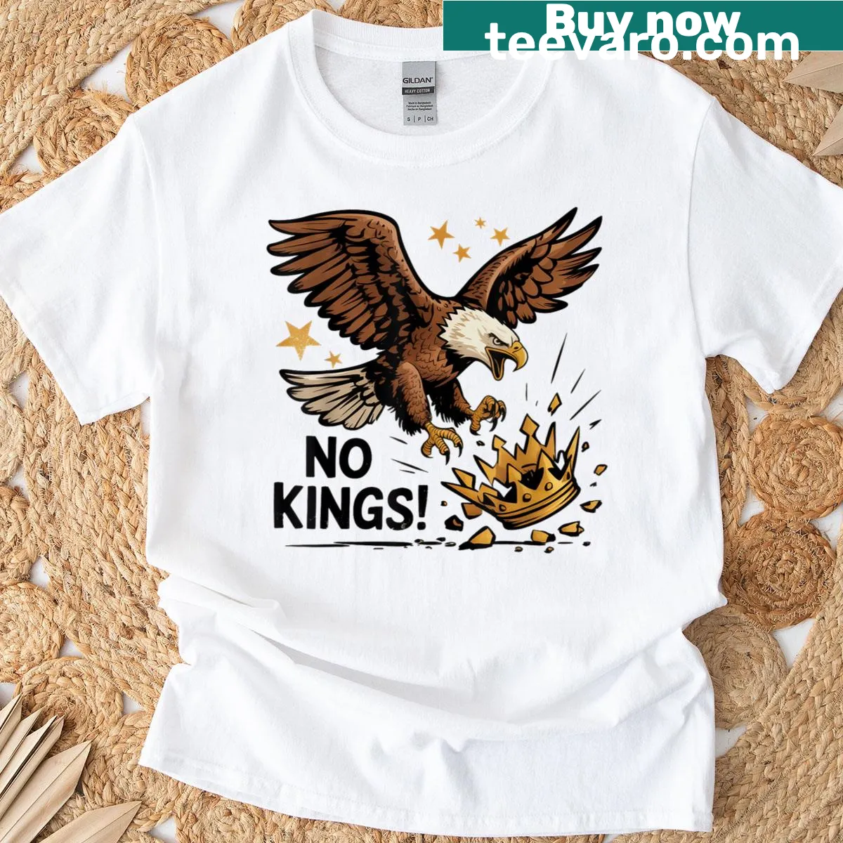 Patriotic eagle graphic on No Kings In America T-shirt — on a men's t-shirt