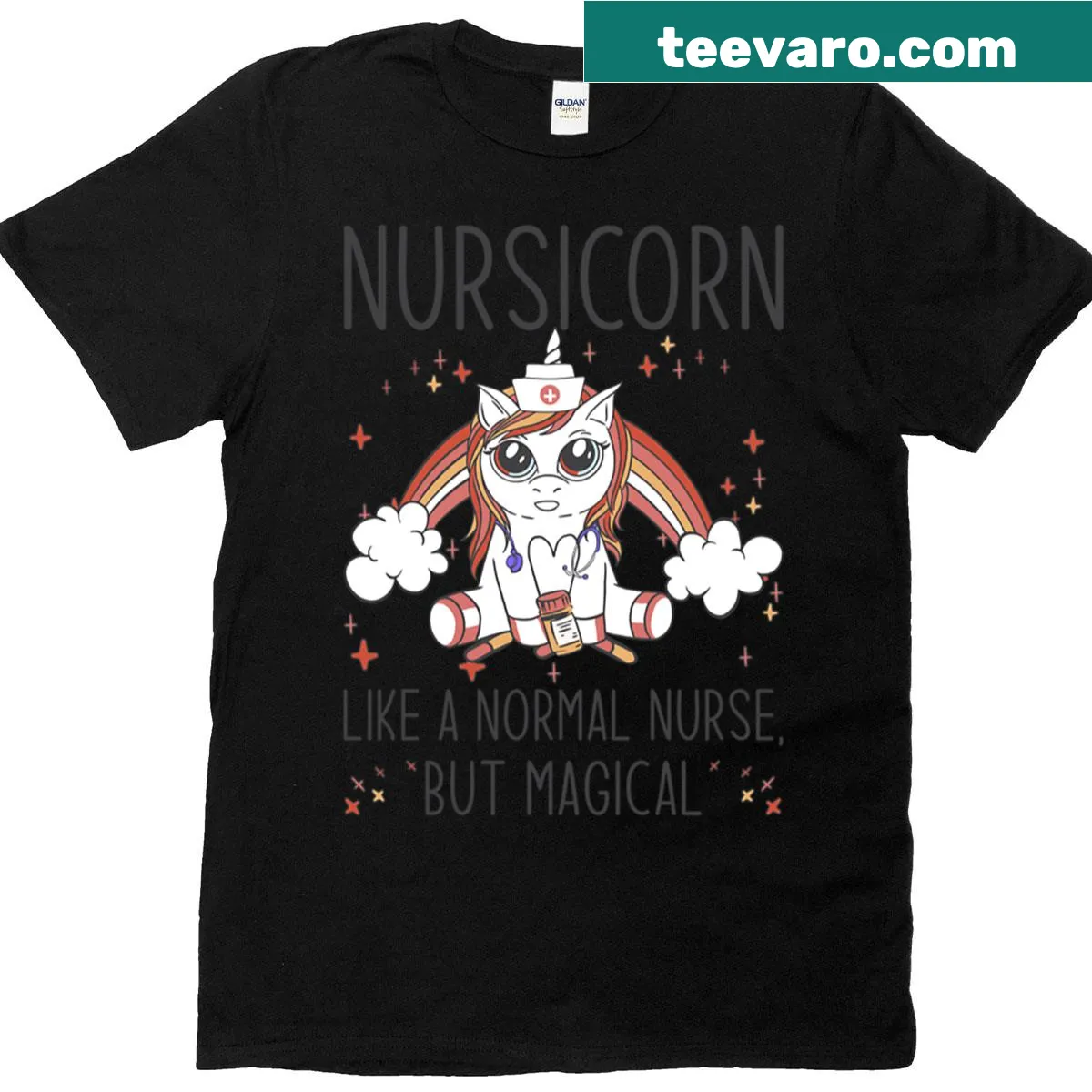 Charming Nursicorn design featuring a unicorn with healthcare symbols — on a men's t-shirt