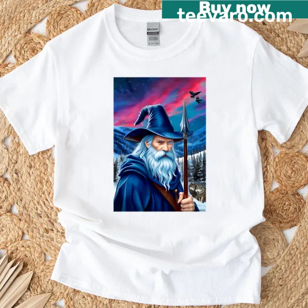 Odin T-shirt featuring a bold graphic of the Norse god with a crow.
