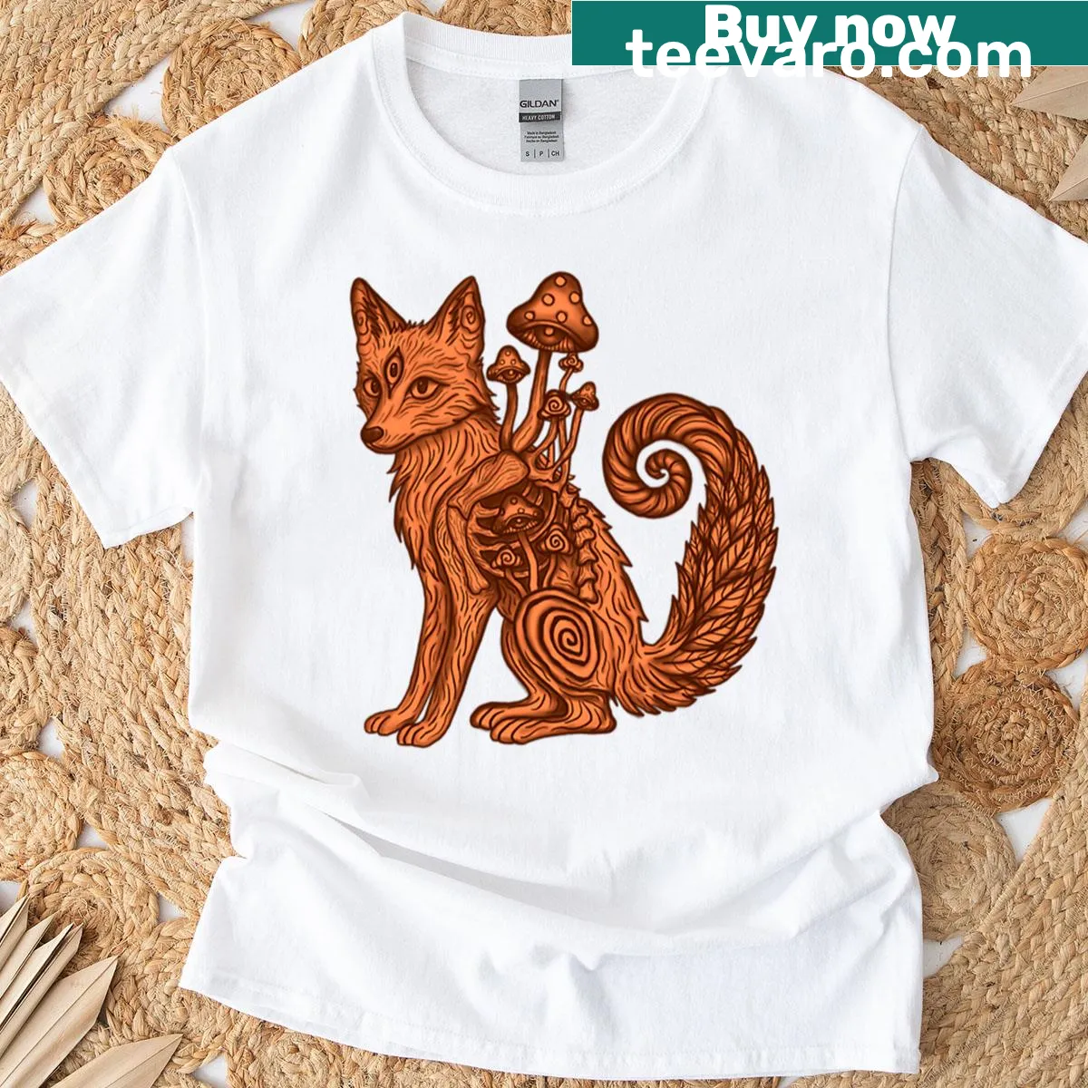 T-shirt featuring a whimsical fox with mushrooms and ferns in a trippy design. — on a men's t-shirt
