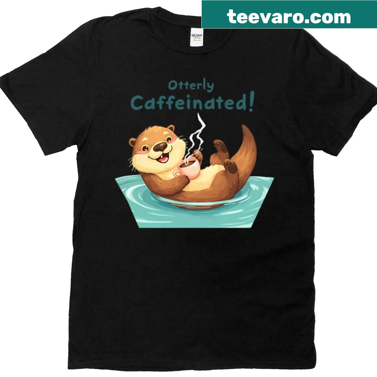 Cute otter enjoying coffee design on a playful t-shirt — on a men's t-shirt